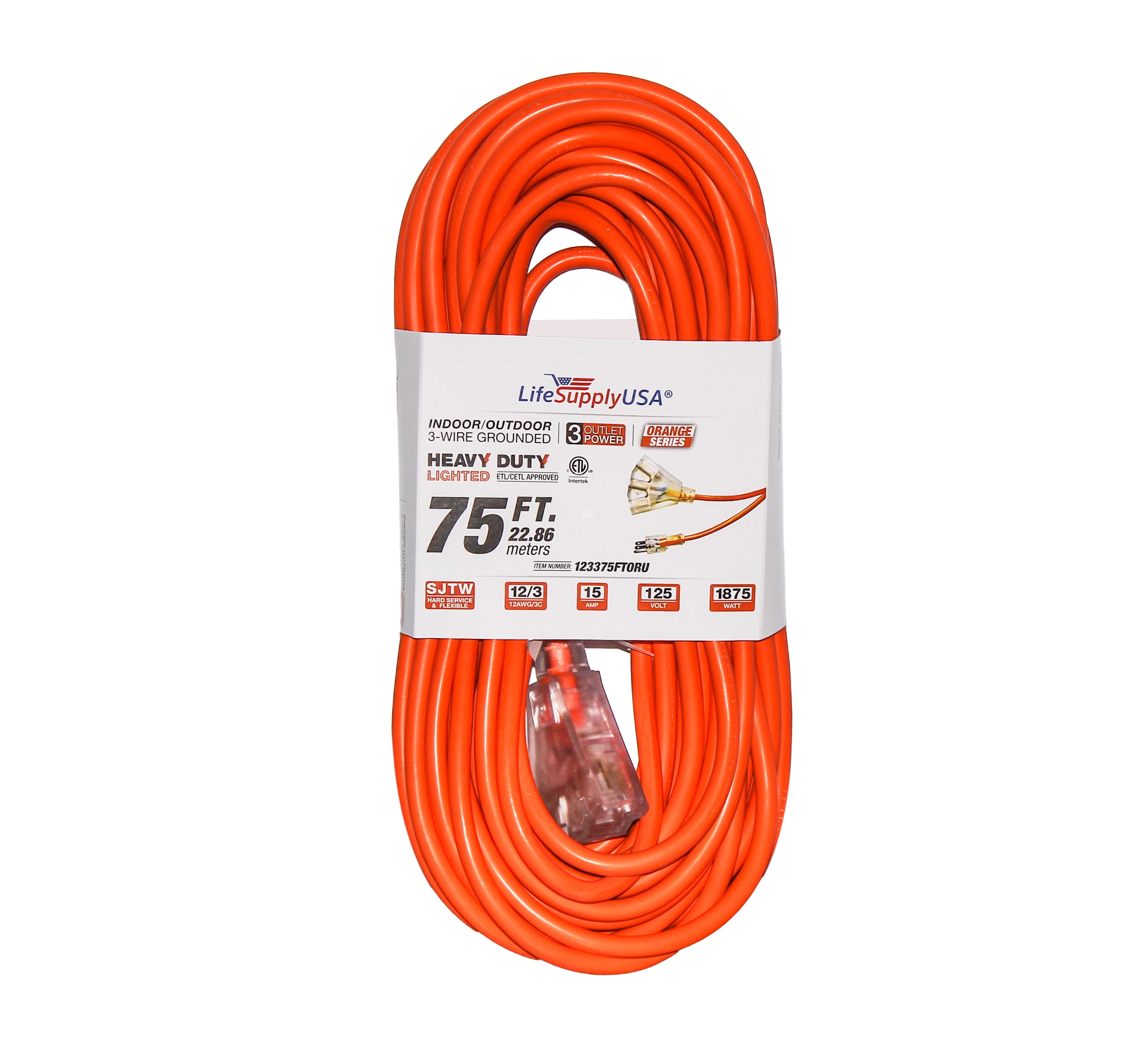 Outdoor ETL 50 ftExtension Cord 10/3 Lighted end Orange Indoor 2-pack 