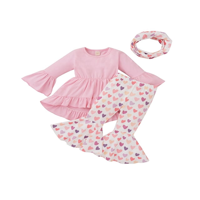 MesaSe Toddler Baby Girls Spring Princess Flare Pants Set O-Neck Ruffles Tops + Bell Bottom Pants Headband