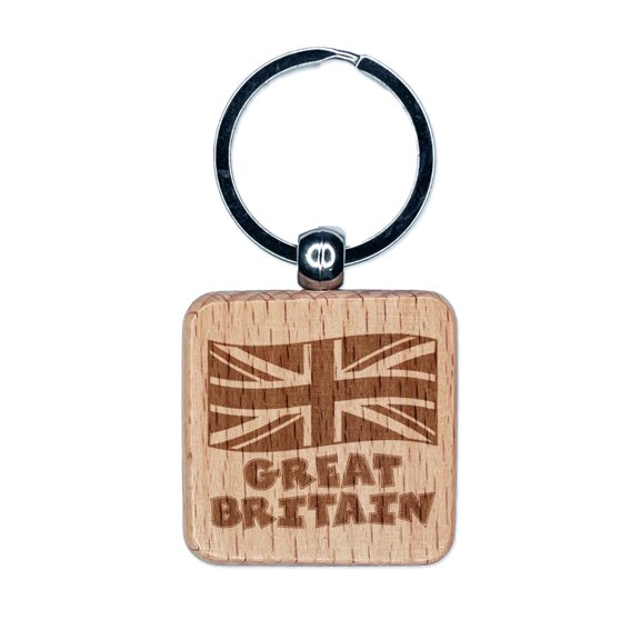 Great Britain with Waving Flag Union Jack Cute Square Keychain Charm Tag - Engraved Wood