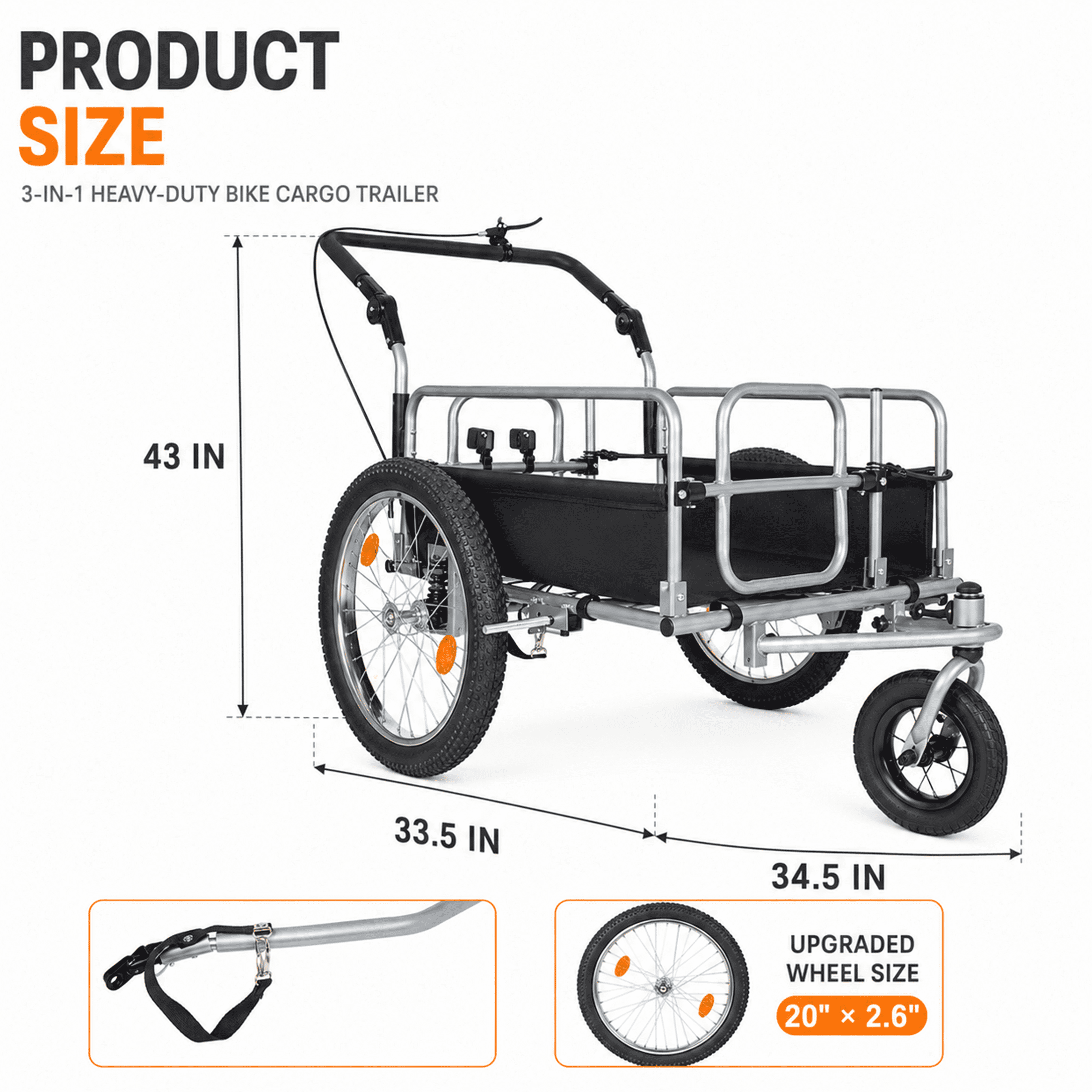 3-in-1 Heavy-Duty Bike Cargo Trailer with 20" Fat Tires, 150lbs Capacity Steel Frame Utility Wagon, Convertible Stroller and Pull Cart with Suspension and Safety Handbrake for Camping and Groceries