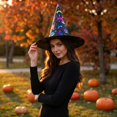 thumbnail image 3 of Halloween Shiny Glitter Satin Pointed Witch Hat with Wide Brim, Wizard Costume Accessory, Eye-catching Headwear for Halloween Party, Holiday Dress Up & Celebrations Black, 3 of 6