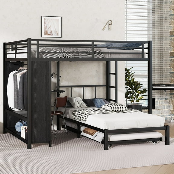 Multifunctional Metal Twin over Full Bunk Bed with Trundle, Built-in Closet & Folding Desk, Space Saving Design,Easy Assembly,Black