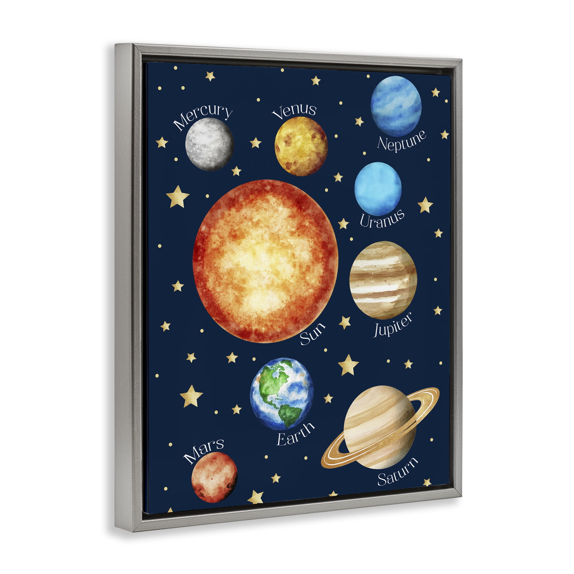 Educational Solar System Space Gray Framed Floater Canvas Wall Art, design by Christine Simpson Art