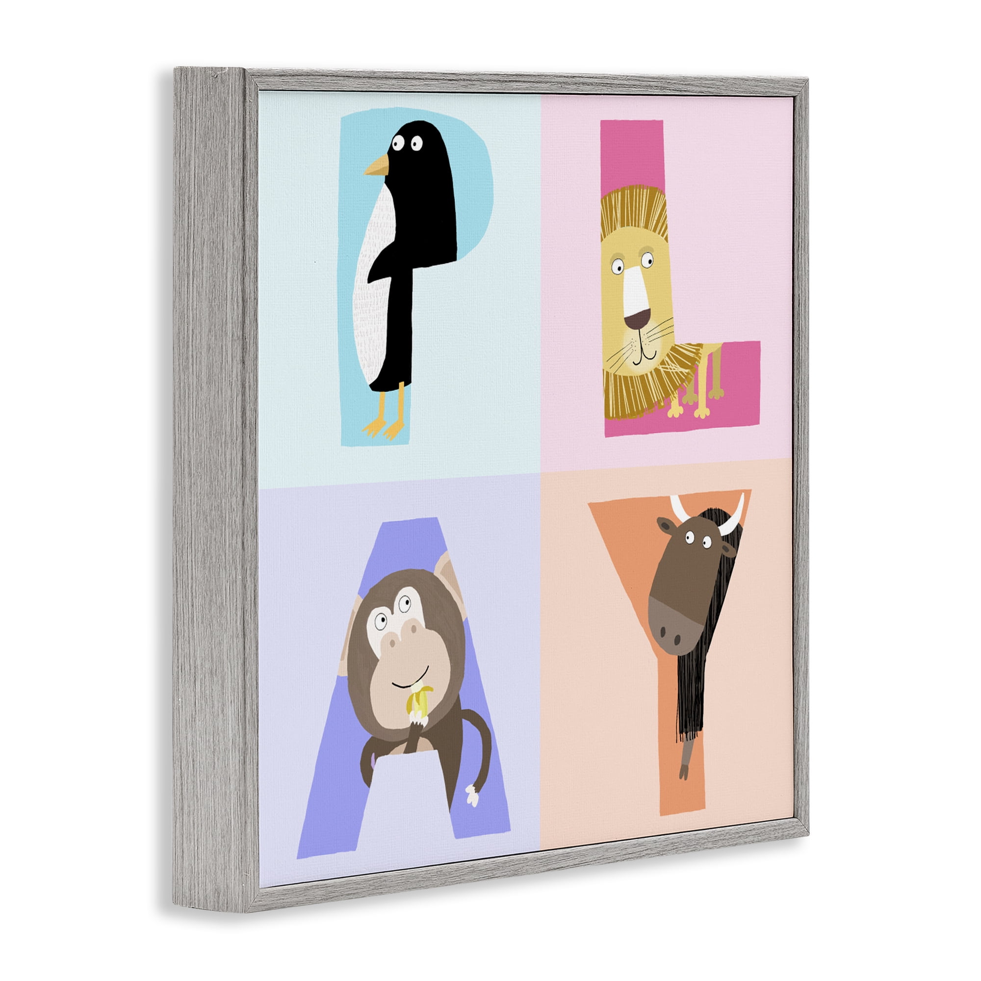 Stupell Industries Play Letters Squares with Animals Gray Framed Giclee Art, design by Carla Daly