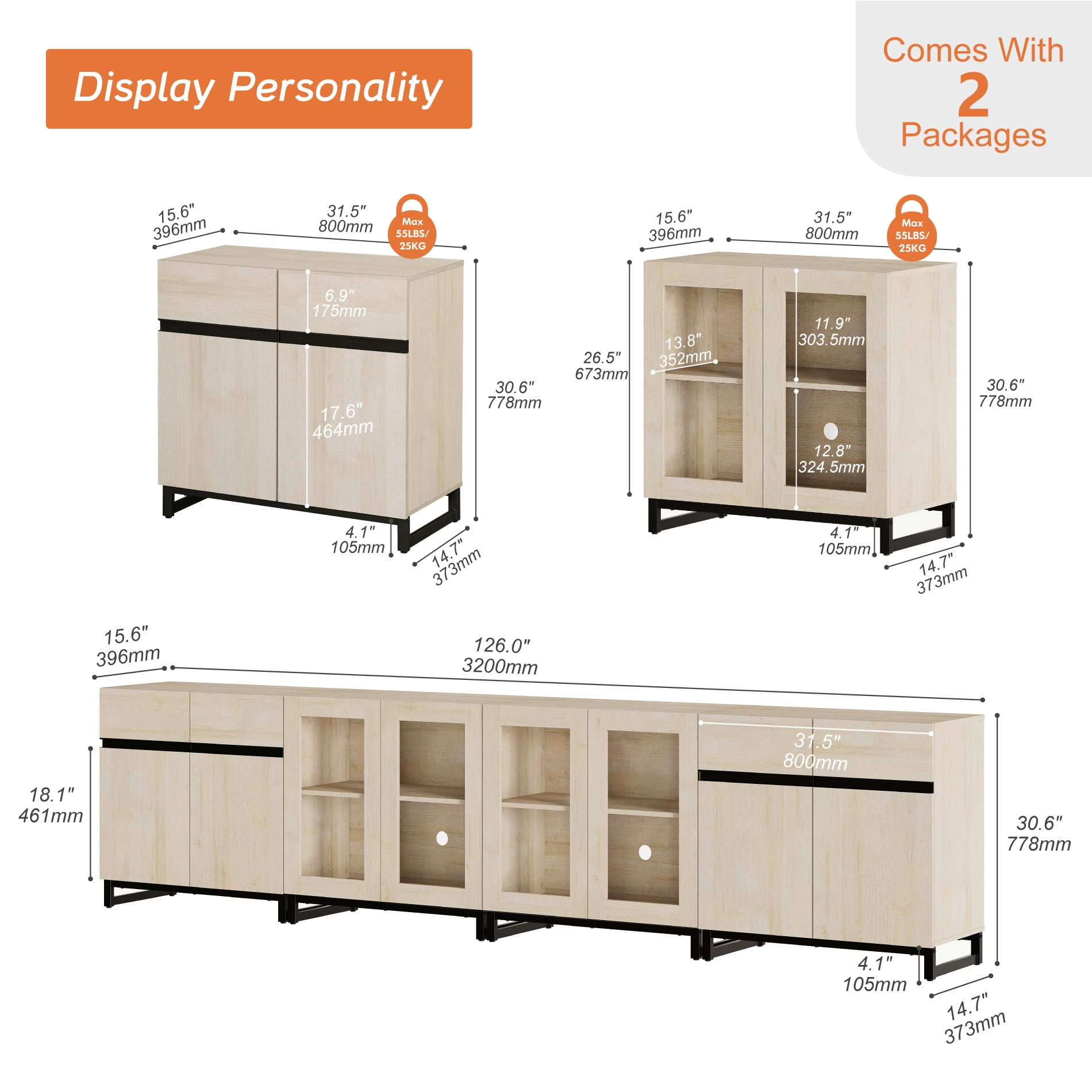 4 In 1 Multifunctional Dresser with Glass Doors & 2 Drawers, Modern Storage Chest with Adjustable Shelf, Closet Organizer Storage Cabinet for Bedroom Home Use,Beige