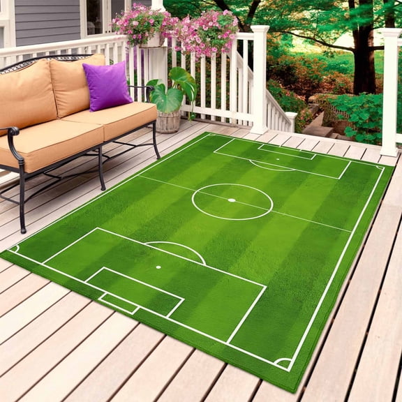 Soccer Field Outdoor Rug for Patio/Deck/Porch, Non-Slip Large Area Rug 6 x 9 Ft, Green Birdseye View Athletic Sporty Indoor Outdoor Rugs Washable Area Rugs, Reversible Camping Rug Carpet Runner