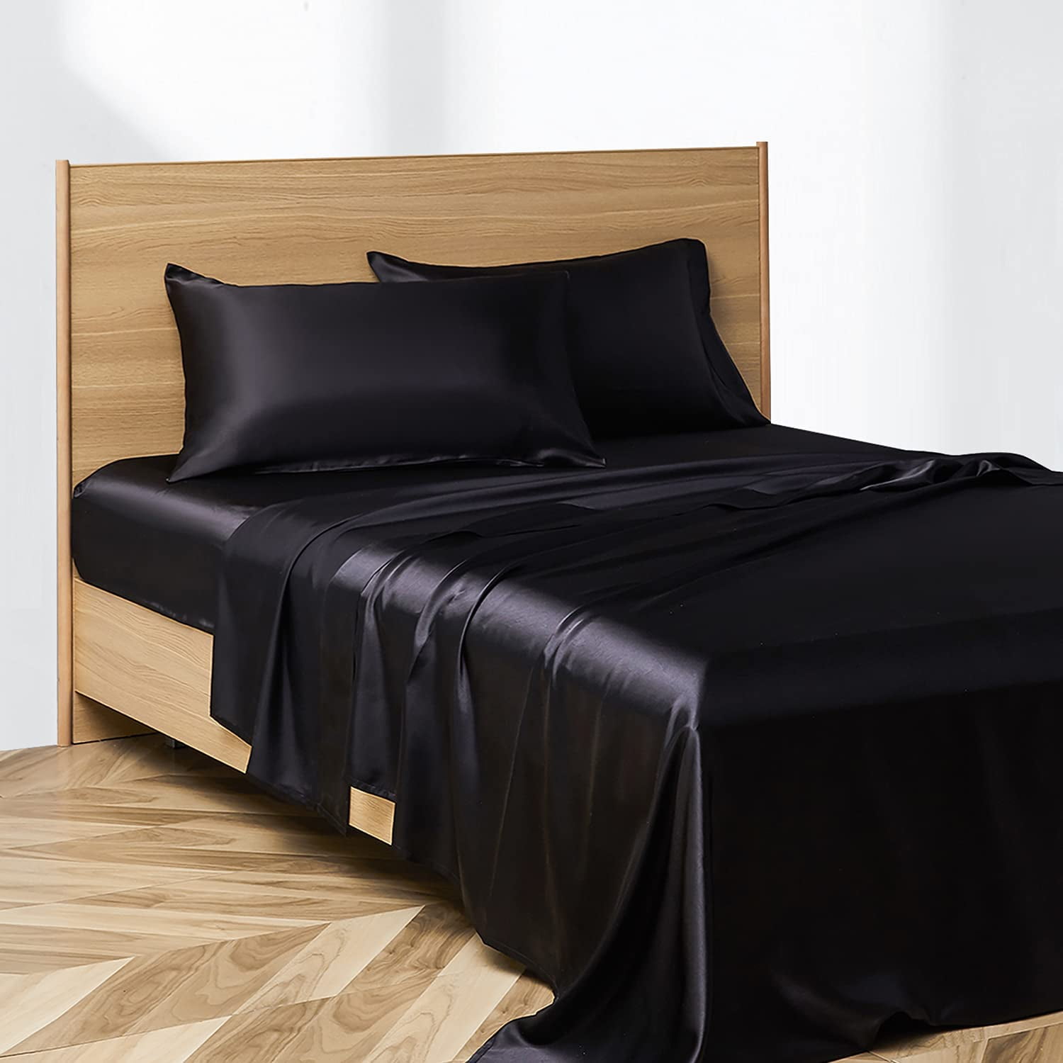 Htooq Satin Silk Sheets Queen Bed Set 4 Pcs Soft And Durable Pillowcase Flat Sheet And Fitted Sheet Hotel Luxury Bed Sheets Set Queen Black Black