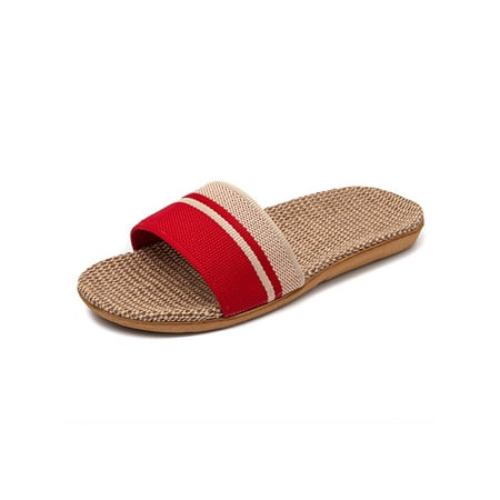 

Welliumy Women Men Slides Beach Flat Sandals Summer Slide Sandal Home Shoes Floor Lightweight Linen Red B 4-4.5