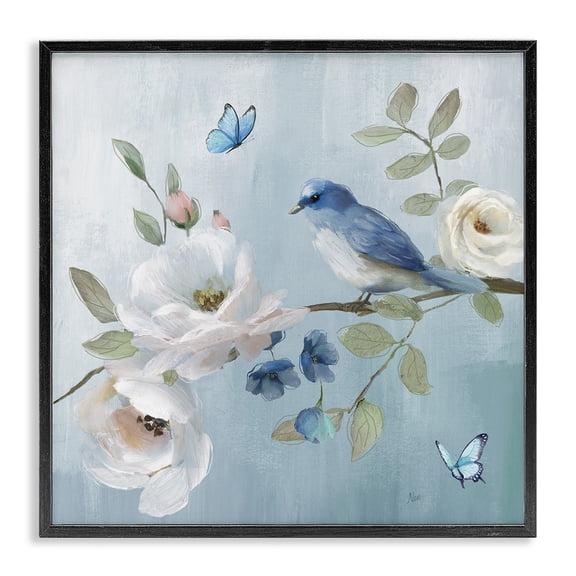 Stupell Industries Shabby Chic Pastel Blue Bird Blooms Black Framed Giclee Art, 12 x 12, by Nan