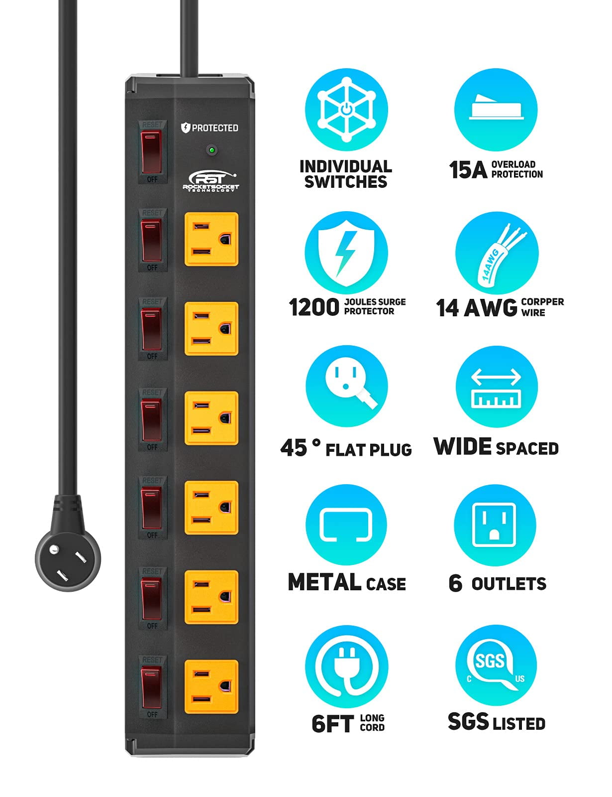 CRST Power Strip 6 Outlet Heavy Duty Surge Protector Individual Switch 6ft Extension Cord with Flat Plug, 15A Circuit Breaker