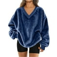 thumbnail image 5 of WTOBBY Women's V-Neck Sweatshirt Plush Solid Color Casual Fashion Long Sleeve with Pocketed Pullover Top, Soft Fleece Fabric for Warmth, Cozy Wear for Fall and Winter,Dark Blue S, 5 of 5