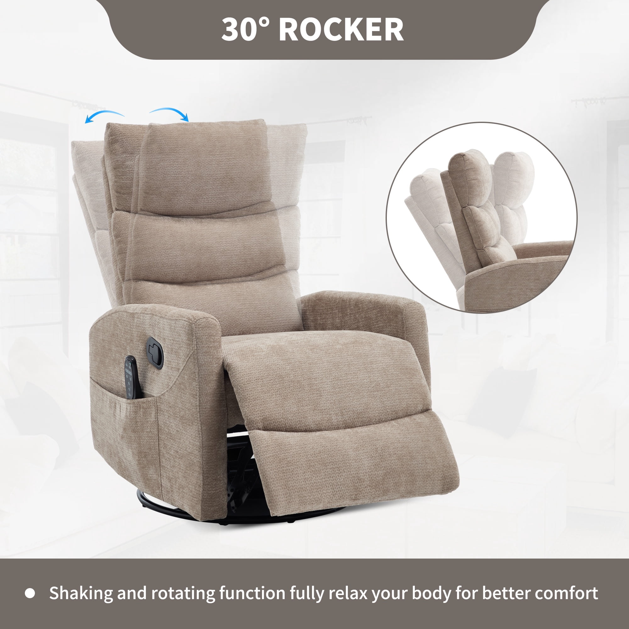 PAPROOS Swivel Rocker Recliner, Velvet 360° Swivel Rocking Recliner, Glider Rocking Chair for Nursery, Small Rocker Chair, Manual Recliner for Adults for Home Theater Living Room, Khaki