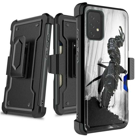 DALUX Card Holster Kickstand Phone Case Compatible with Galaxy A32 5G (2021) 6.5 inch - Gray Forest Warrior