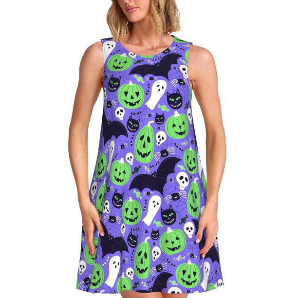 Fotbe Cute Halloween Vestido de Verano sin Mangas para Mujer – Vestido Midi Línea A, Estilo Camiseta Floral, Vestido Playero Casual y Fluido