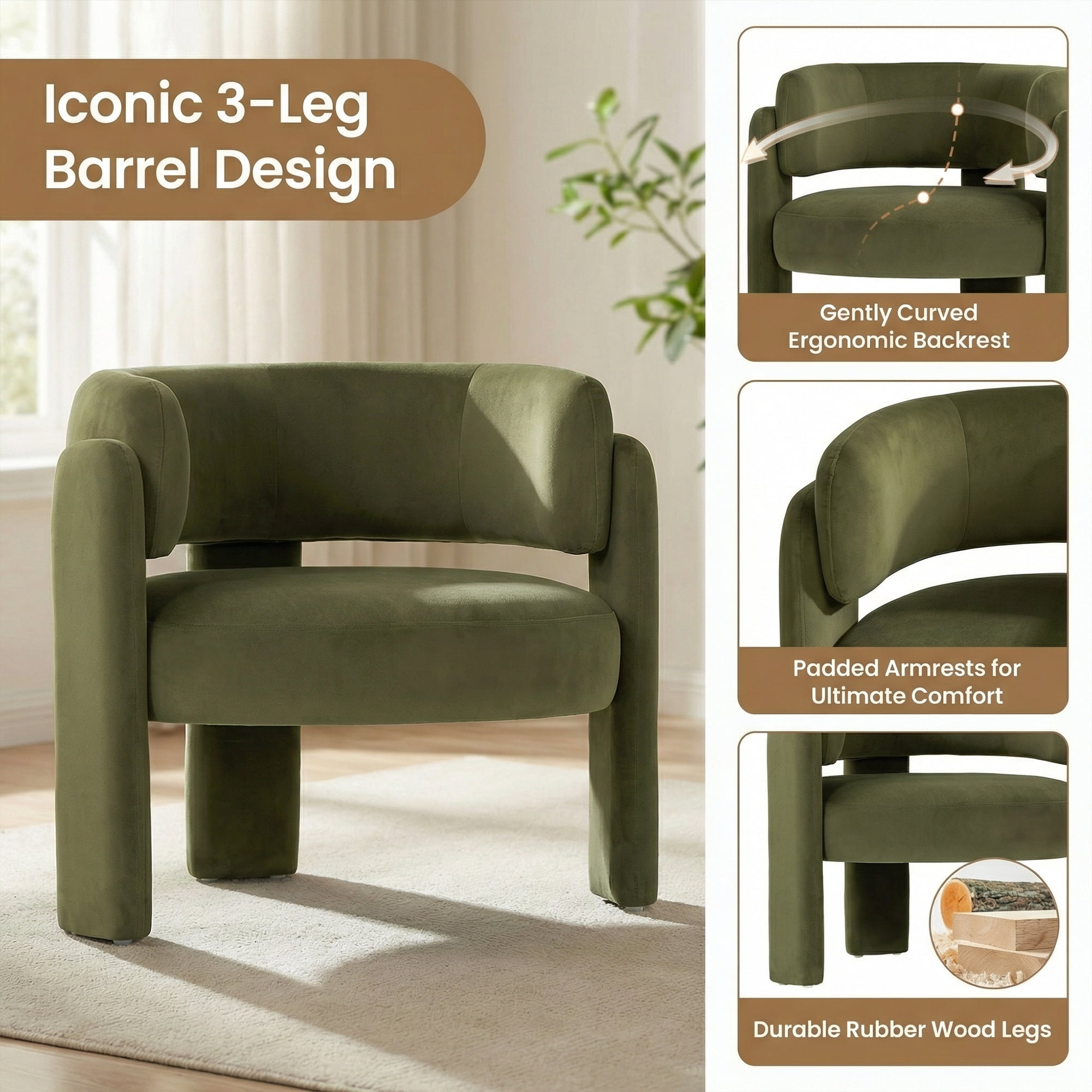 AFO Modern Upholstered Dining Chair, Cute Barrel Side Armchair with Round Back for Living Room Dining Room Bedroom, Green