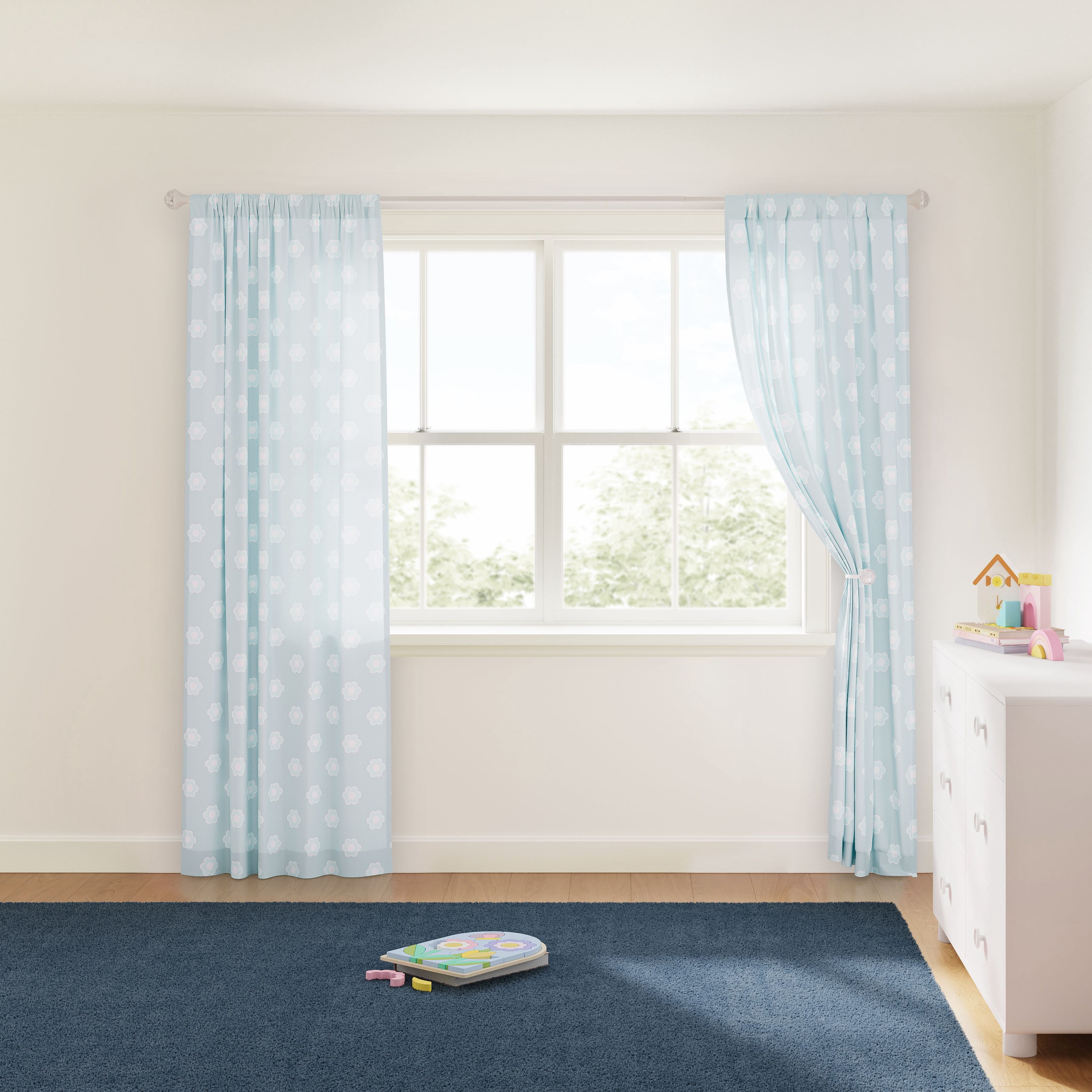 Mainstays Kids Aqua Blue Daisy Sheer Single Panel Curtain, 38" W x 95" L