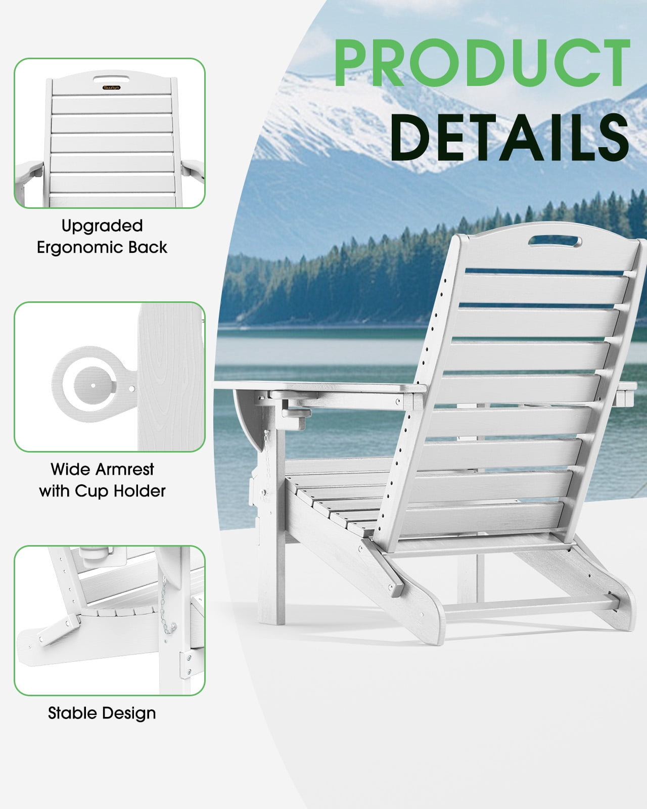 Folding HDPE Adirondack Chair, Weather Resistant Outdoor Fire Pit Patio Chair, White