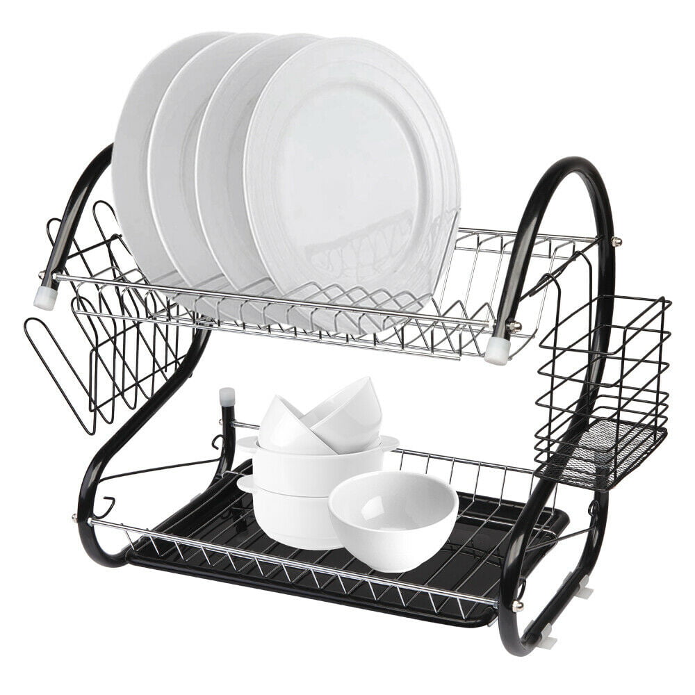 SQ Professional 2 Tier Dish Drainer Rack with Drip Tray Chrome 