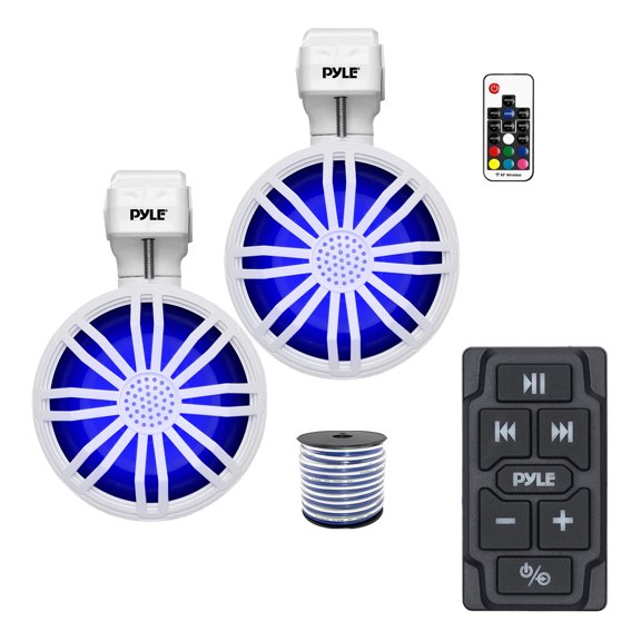 Pyle PLMRBTRK1 Marine Wireless Bluetooth Audio Controller, 2x 3.5’’ 20 Watt Max Bluetooth Wireless LED Lighting Full Range Stereo Waterproof Rated Off-Road Speakers with Remote Control (White) w/Wire