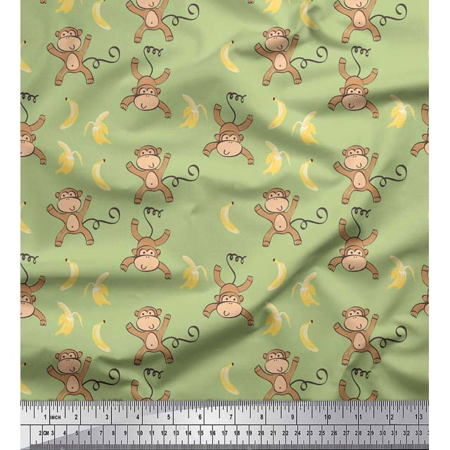 Soimoi Cotton Duck Fabric Banana & Monkey Kids Print Fabric by The Yard 56 Inch Wide