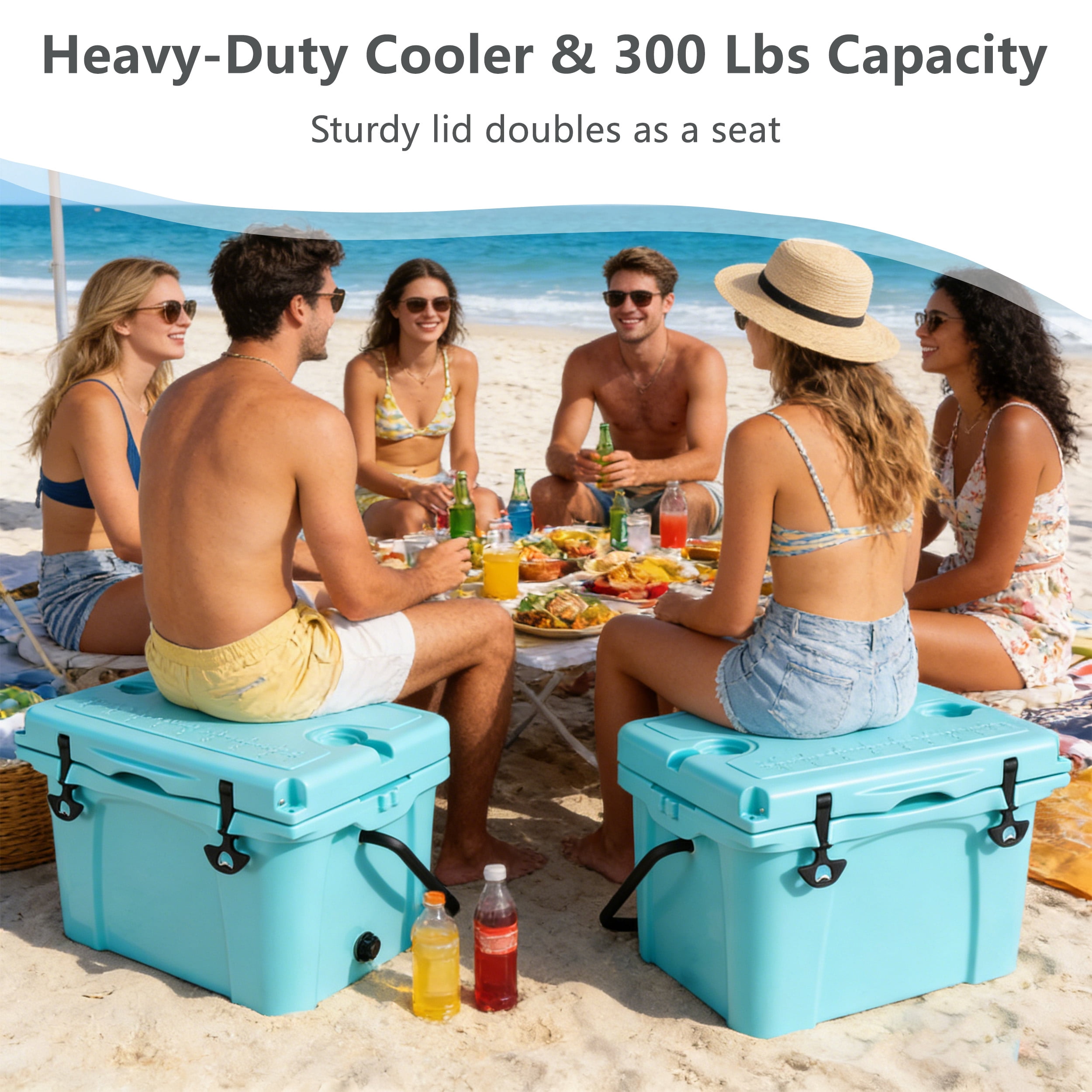 Pawverly 25QT Insulated Portable Cooler Box, Hard Ice Chest with Bottle Opener & Cup Holder, Leakproof Cooler for Camping, Fishing, Beach, Travel, Outdoor Use Turquoise