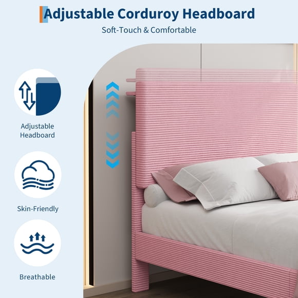 Adjustable Storage Headboard Platform Bed Frame - Twin Size, Corduroy Upholstered, USB Charging Station, Wooden Slats, No Box Spring Needed, Easy Assembly - Gray