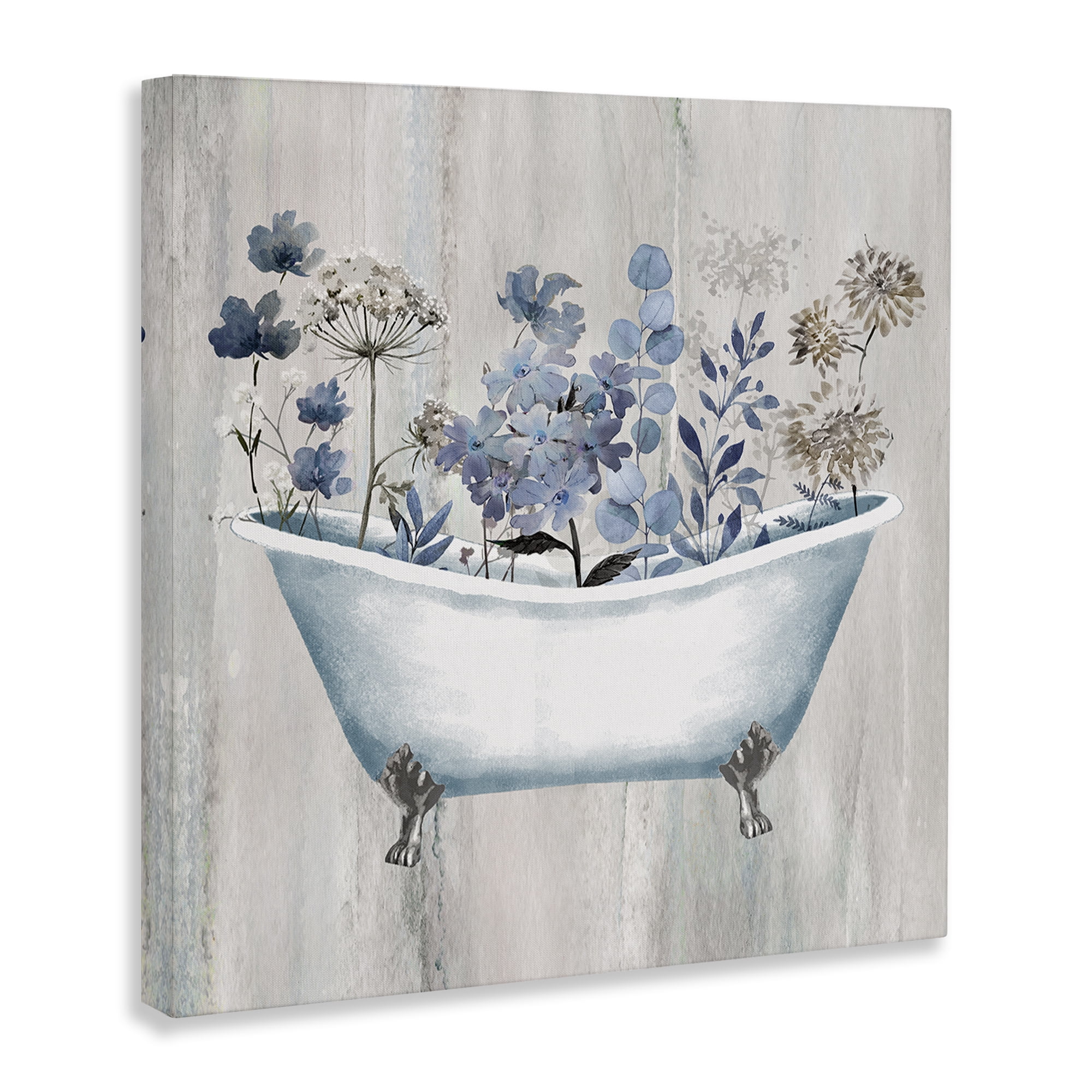 Stupell Industries Rustic Blue Floral Tub Bath & Laundry Painting Wrapped Canvas Art Print Wall Art, 30 x 30
