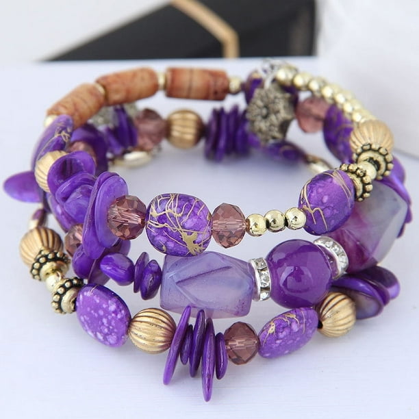 Nvzi Pulseras de cuentas irregulares con dijes de flores y envoltura multicapa de estilo retro de verano, joyería étnica - Púrpura