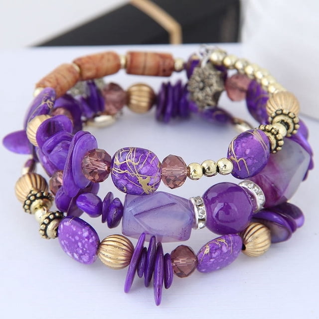 Xiao Hua Pulseras de cuentas irregulares multicapa estilo bohemio retro de verano con dijes de flores, joyería étnica para mujer, color morado