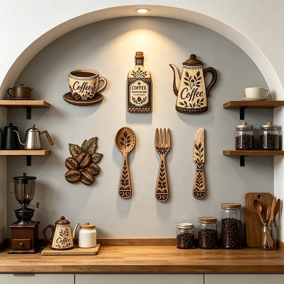 pathside 7-Piece Coffee Utensil Wooden Wall Decor Set, Vintage Kitchen Art for Home Bar Cafe Display