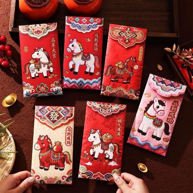 RKSTN un Panier Enveloppes Rouges avec Cheval Paquets d'Argent Chanceux pour 2026 Année des Chevaux Hong Bao Poches Rouges