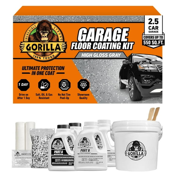 Gorilla Epoxy Garage Floor Coating 12 pc Kit, 2.5-Car, Concrete Flooring, 100% Solids, Superior Adhesion, Incredibly Durable High Gloss Gray Finish, 550 sq. ft. Coverage
