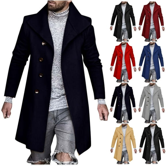 safuny Winter Windbreaker Overcoat for Men And Business Woolen Coat Fashion Double Breasted Lapel Mid Length Coat Coat Christmas Long Sleeve Casual Outwear Work Blue L