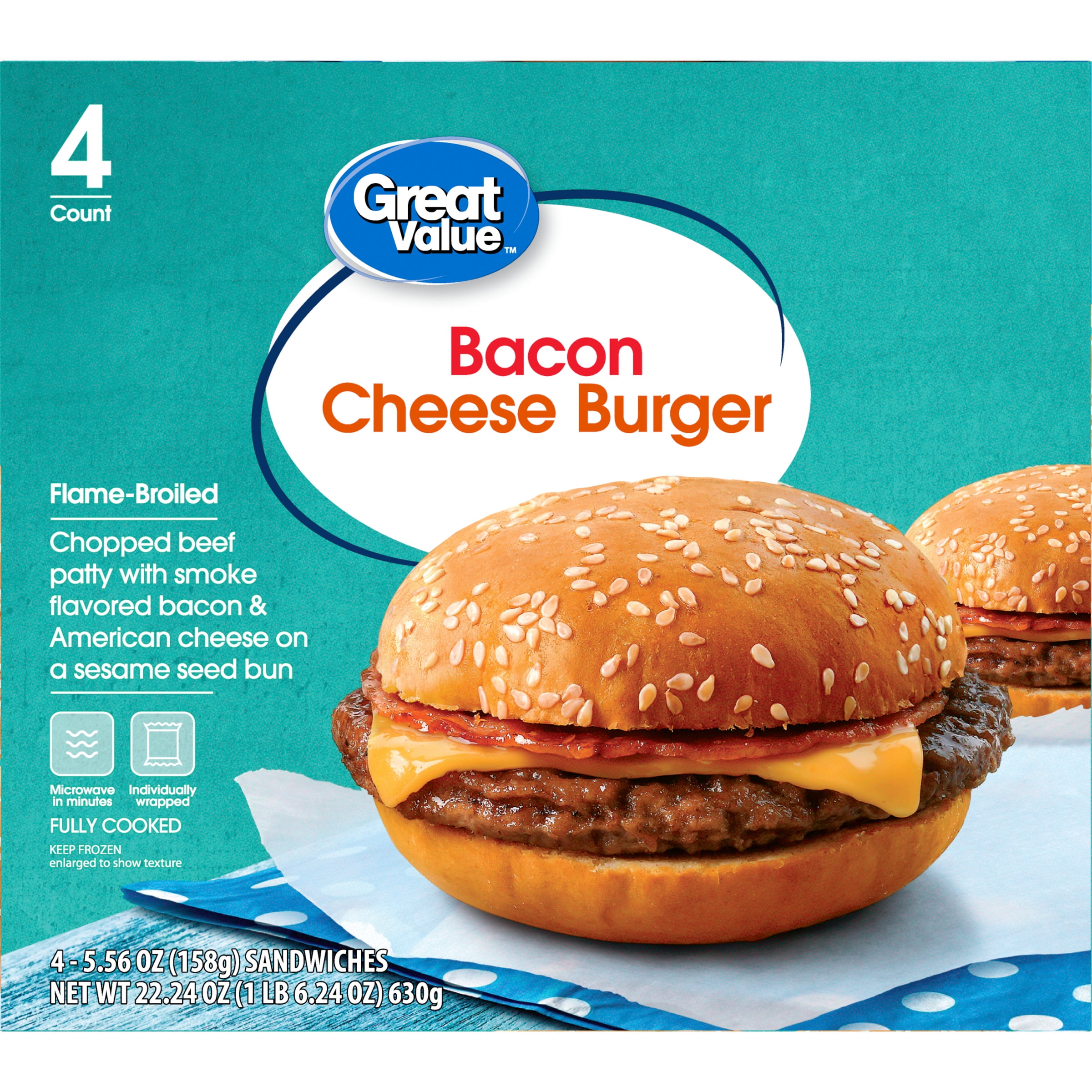 Great Value Bacon Cheeseburger Sandwiches, 4 Count (Frozen)