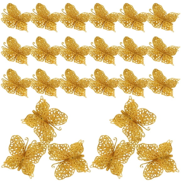 MLINS Golden Glitter Butterfly Christmas Tree Ornaments for Wreaths Decoration 24pcs Plastic