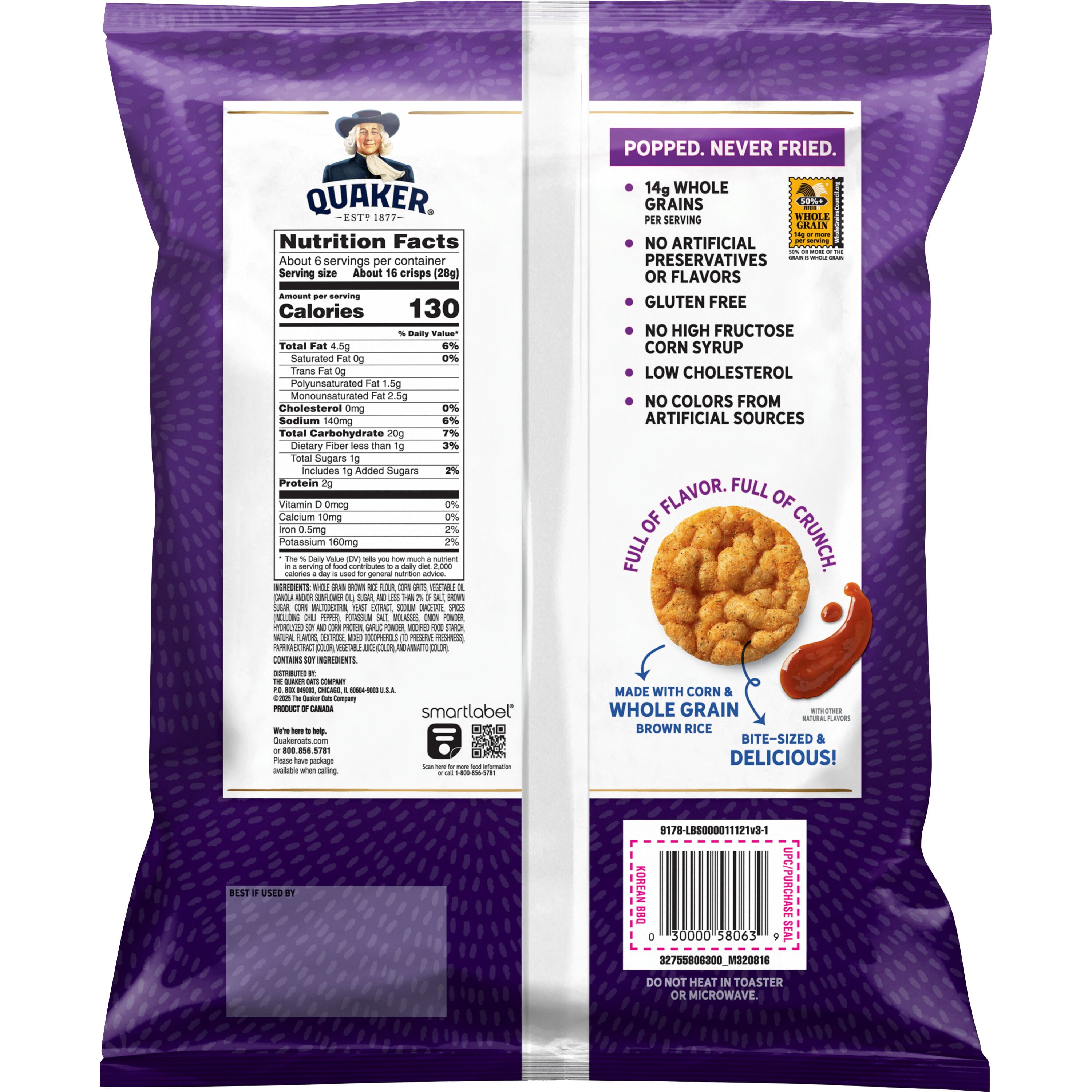Quaker Gluten Free Korean Style Barbecue Mini Rice Crisps Bag, 6.06 oz