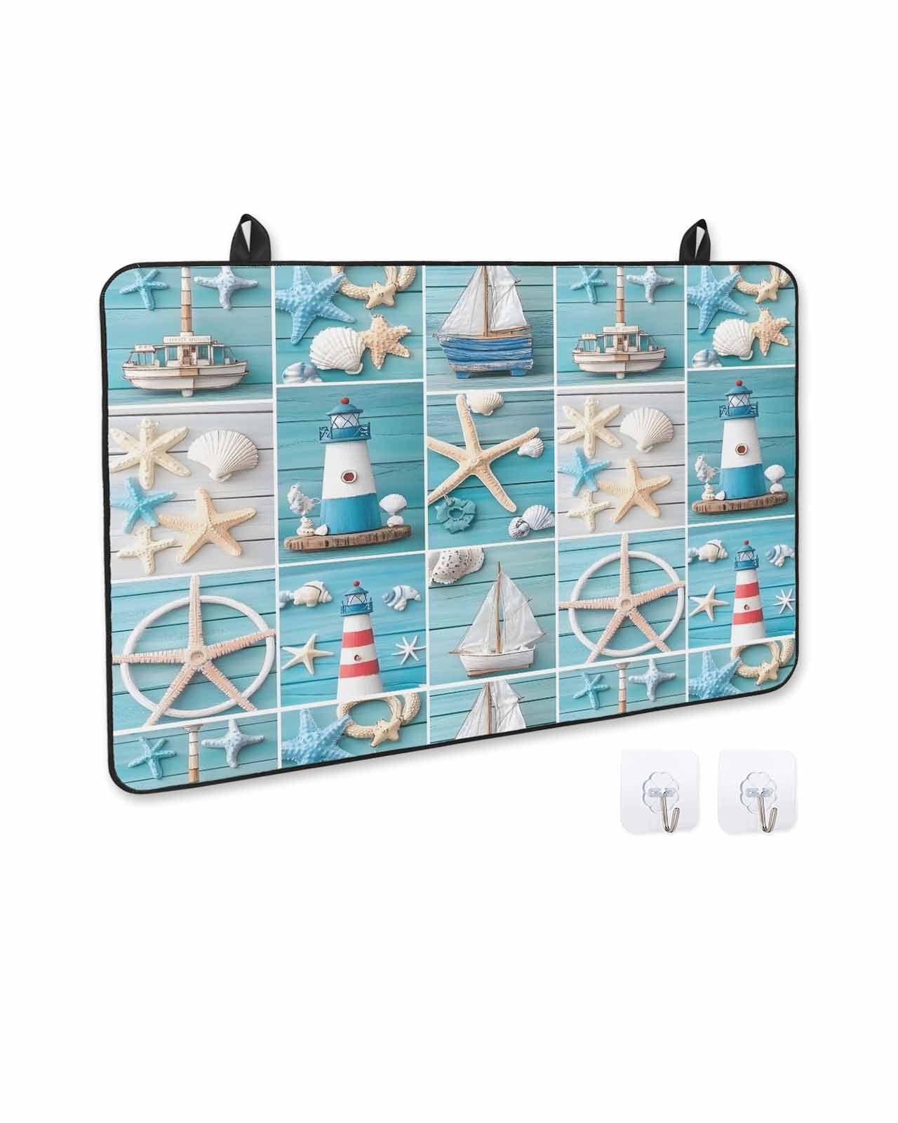 nqOlkjepod Large Induction Cooktop Protector Mat 24"x21", Nautical Beach Stove Top Covers for Electric Stove, Blue Coastal Starfish Lighthouse Starfish Stove Burner Cover Mats, Glass Top Stove Cover
