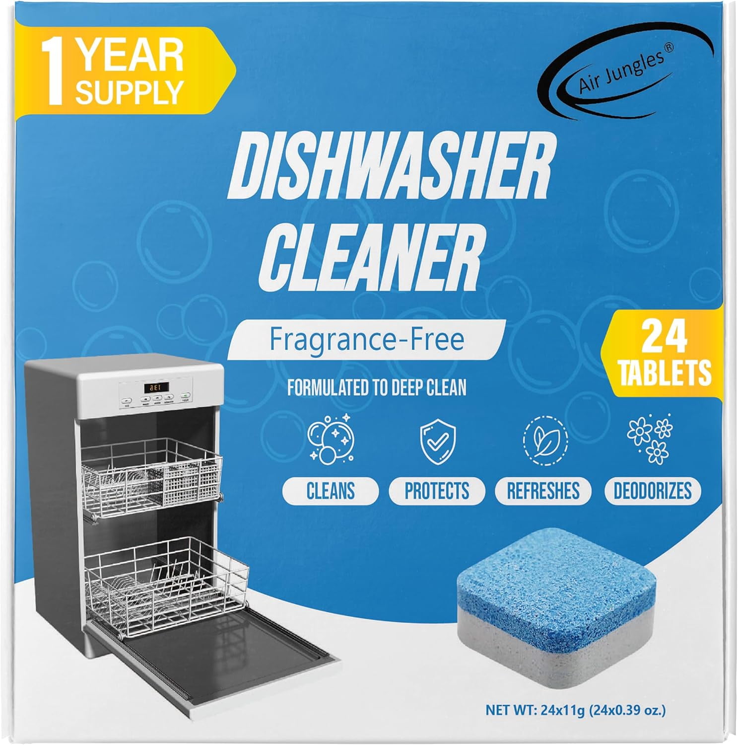 Dishwasher Cleaner Tablets 24 Count, Fragrance Free, Deep Cleaning Descaler Pods, Clean Dishwasher Machine, Remove Limescale, Hard Water, Calcium, Odor, 12 Month Supply
