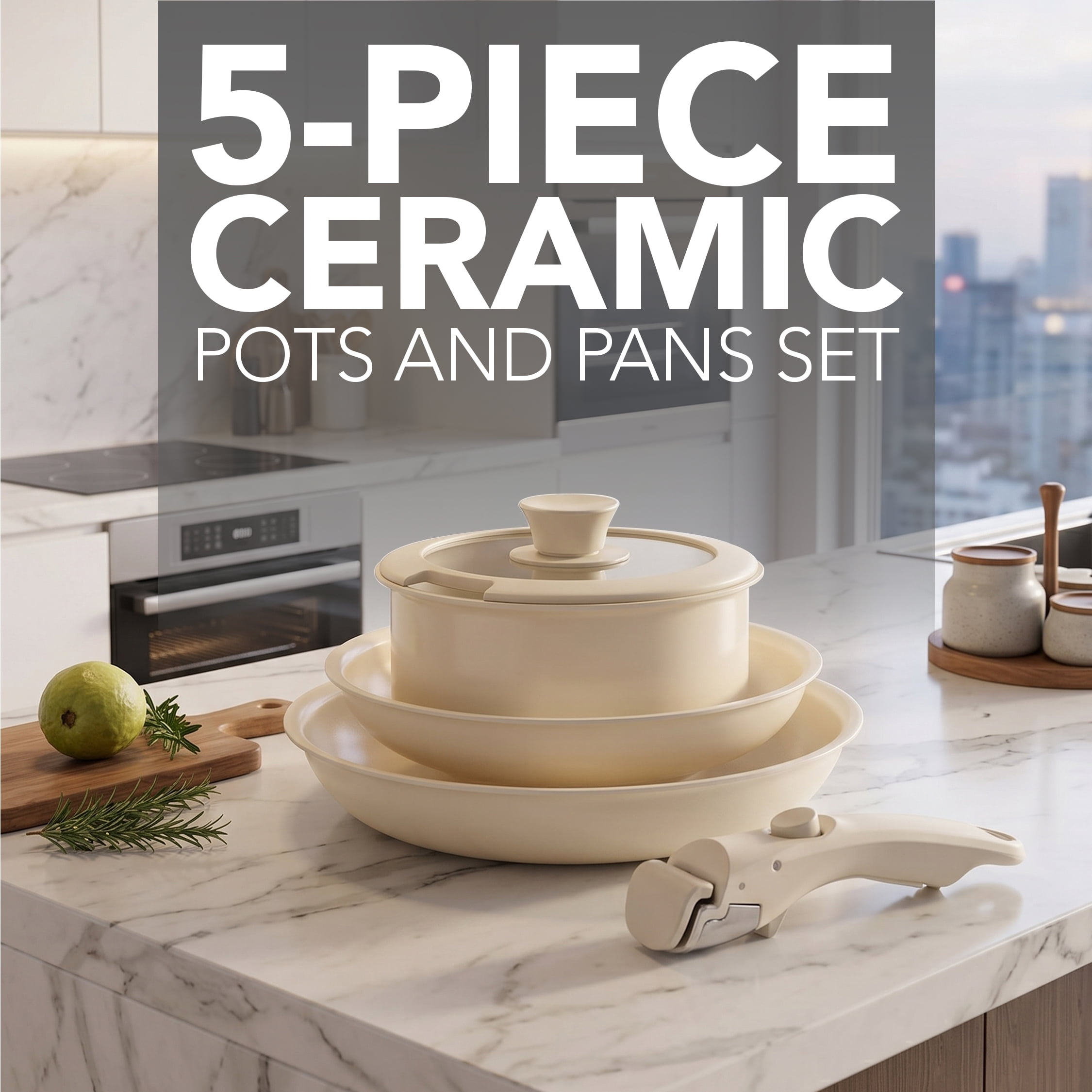 OVENTE 5-Piece Ceramic Cookware Set, Cream CWAD01005C | Detachable Handle, Non-Toxic & Nonstick Kitchen Pots & Pans with Lid for Home or RV, Stackable & Dishwasher Safe
