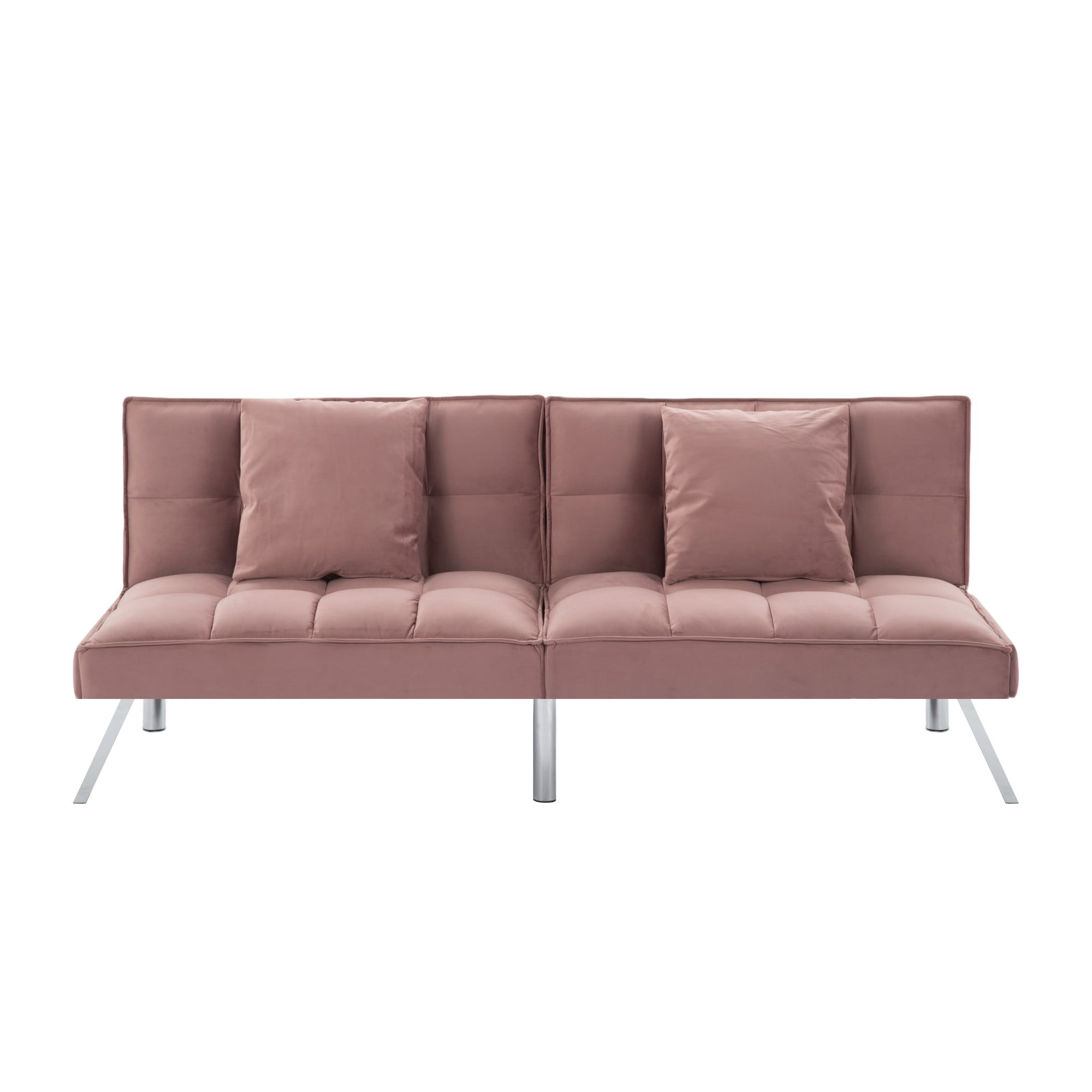 Gewnee Pink 67.7” Velvet Futon Sofa Bed, Modern Love Seat with Adjustable Backrest, 2 Throw Pillows, Suitable for Home, Office & Guest Room