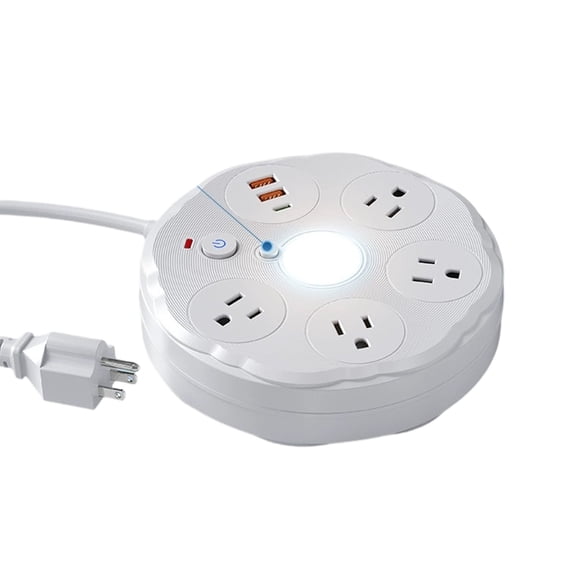 Round Power Strip with USB Charging Ports & Night Light - Surge Protector Power Extension with 4 AC Outlets, 2 USB-A, 1 USB-C, Ideal for Home & Travel (Model Y801U)