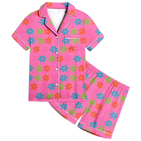 Zhuashum Girls Pajamas 12-13 Years Short Sleeve Multicolor Graphic Prints Lapelflower Pattern Kids Button Down Pajamas Shorts Set Sleepwear Outfits Realax Fit Outfits Pink