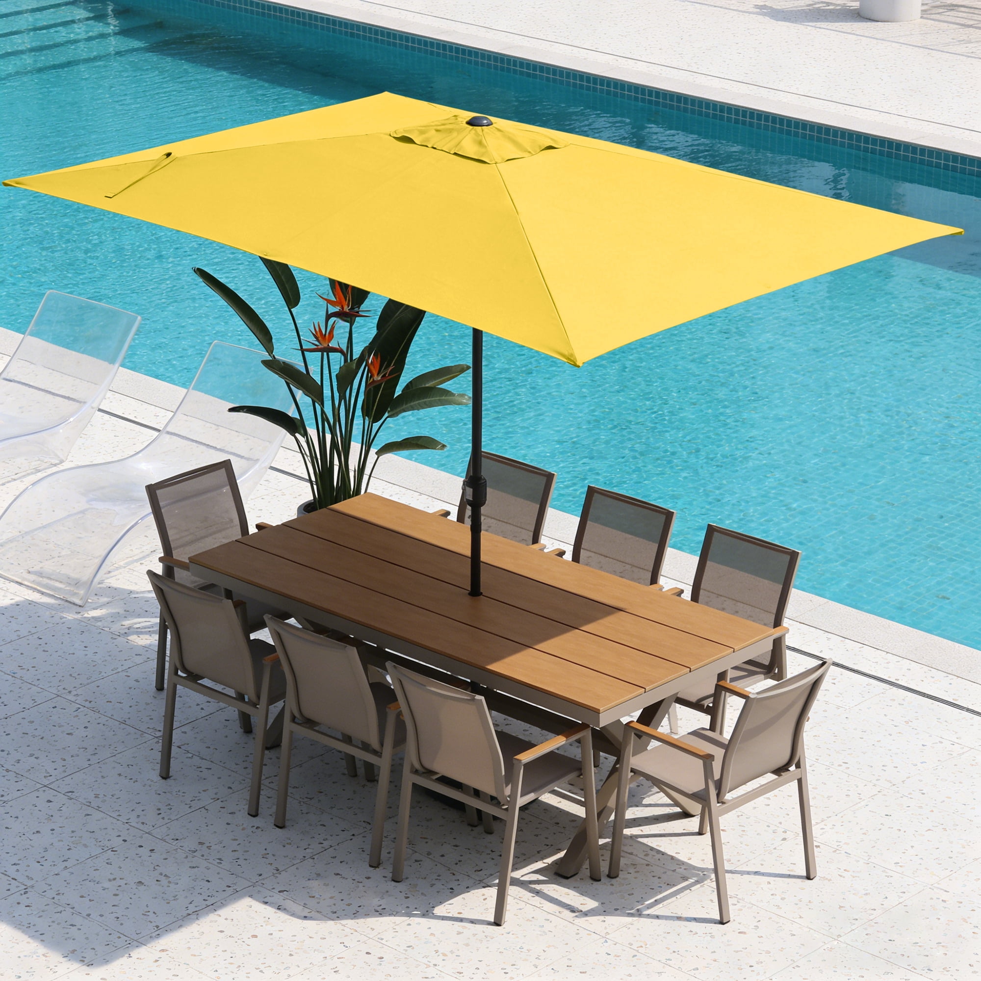 Abble 10x6.5ft Rectangular Patio Umbrella with Crank Handle, Outdoor Market Umbrella with 6 Sturdy Umbrella Ribs, Waterproof, Yellow