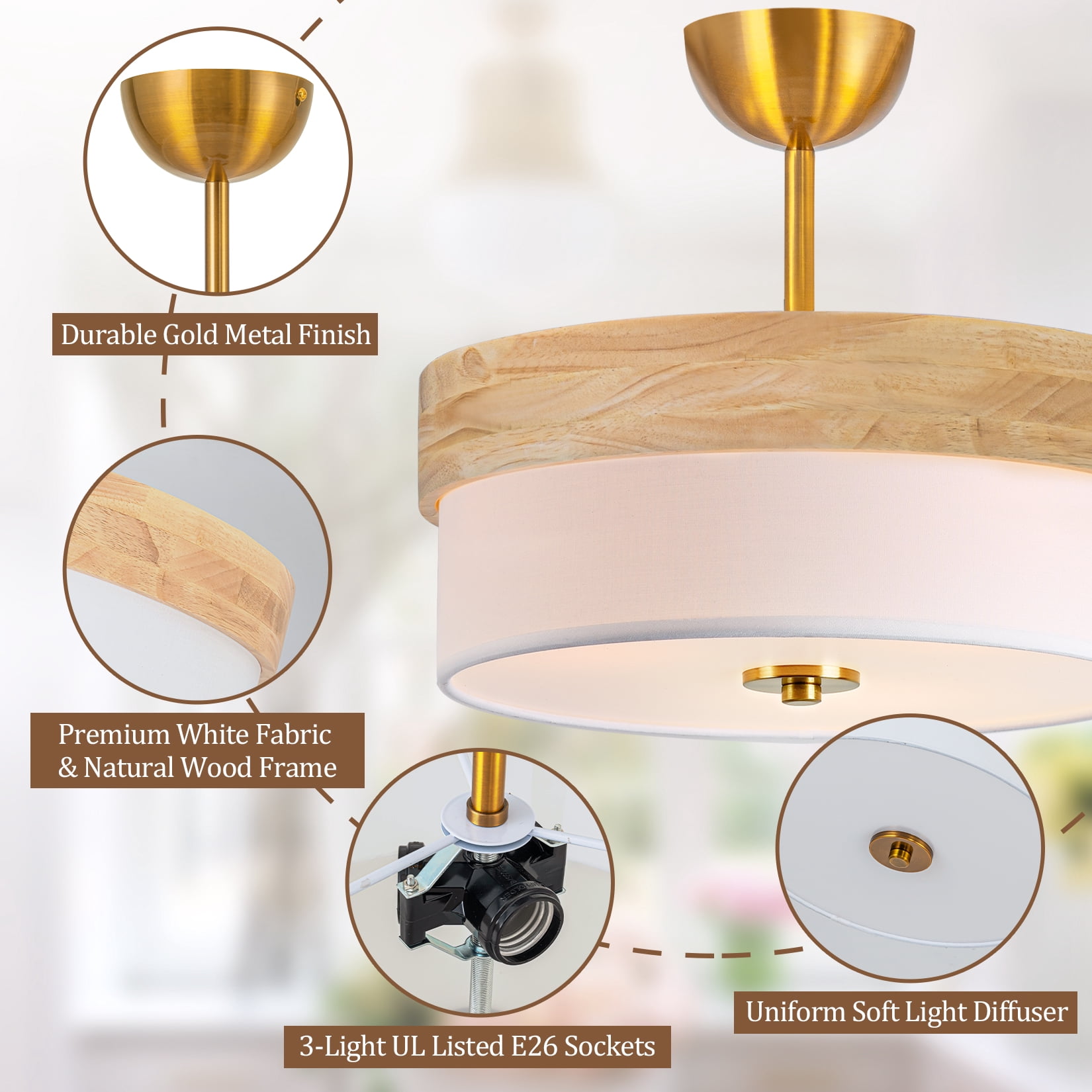 BESTOMINE Semi Flush Mount Ceiling Light,13 inch Modern Ceiling Light Fixture,3-Light Drum Light Fixture for Bedroom