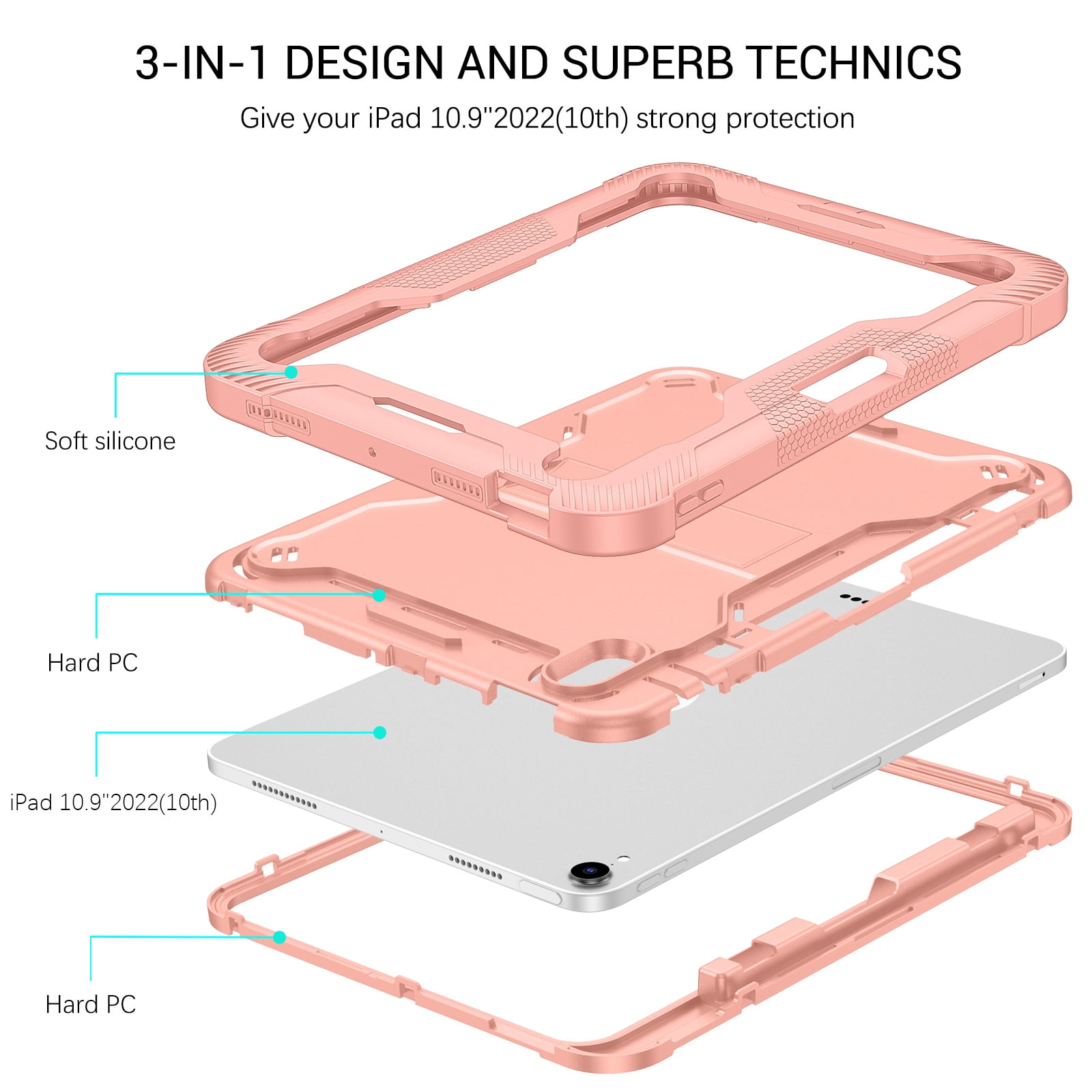 GAOBAO for iPad 11th Generation 11 Inch (2025) Case with Kickstand Pencil Holder, 3 in 1 Heavy Duty Shockproof Protective Tablet Cover, Pink