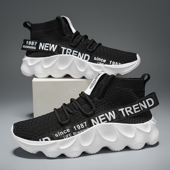 Men's High-Top Slip-On Sneakers with Letter Print - Breathable Fabric & MD Cushioning, All-Season Gym Running Walking Shoes for Casual Wear, Trendy Sportswear, Comfortable Fit, Flexible Footwear