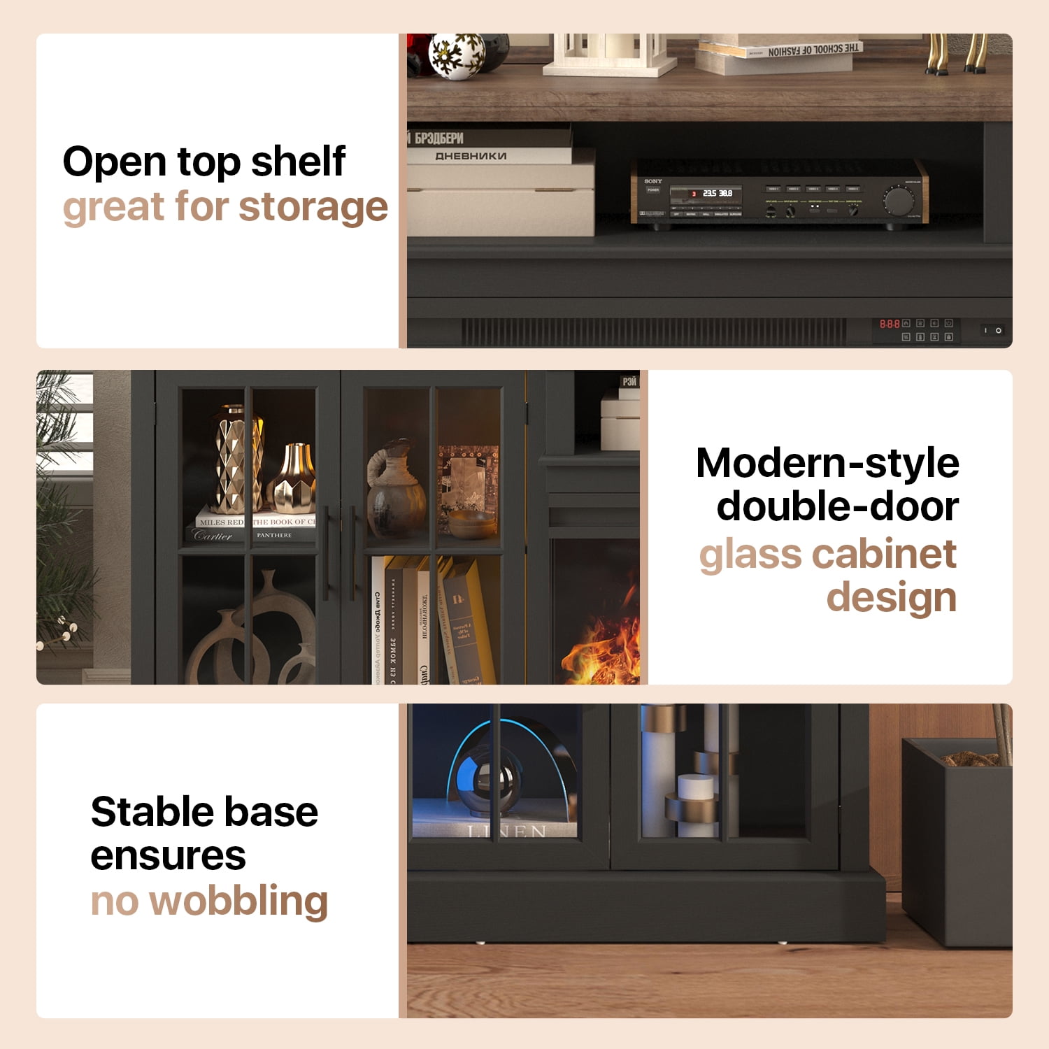 Sonegra 98" Farmhouse TV Stand with Fireplace for TVs up to 100", Media Entertainment Center with Adjustable Shelves and Large Storage Cabinets, for Living Room, Black