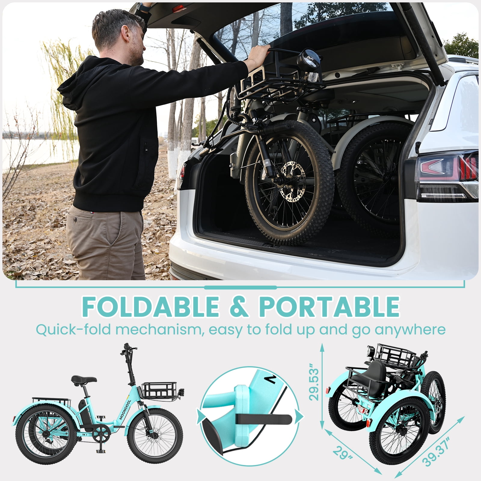 Lilypelle  Folding Electric Tricycle for Adults, Peak 1000W Motor 48V Foldable Ebike Electric Trike, 20" Fat Tire 3 Wheel Electric Bicycle with Front & Rear Baskets & Pet Carrier