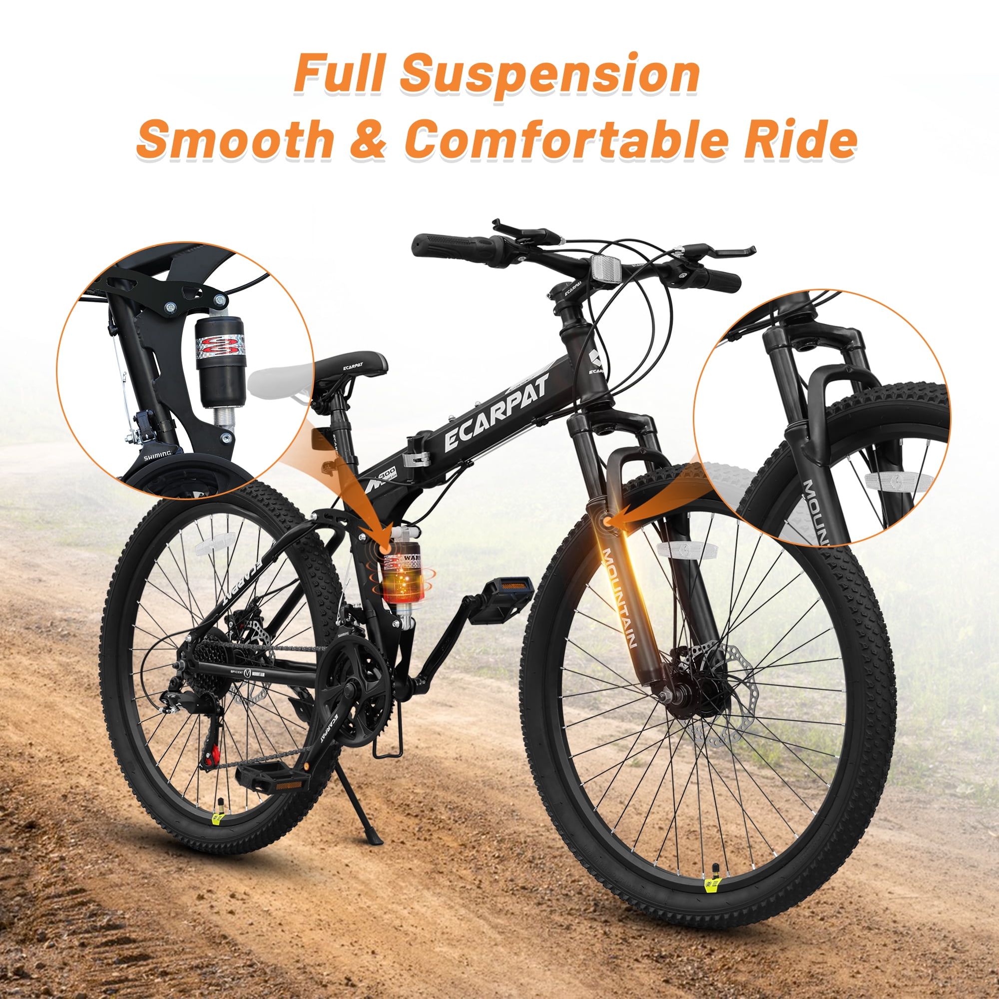 Ecarpat 26 Inch Folding Mountain Bike, 21 Speed Full Suspension Bicycle Dual Disc Brake, Durable Steel Fold Bike for Women and Man