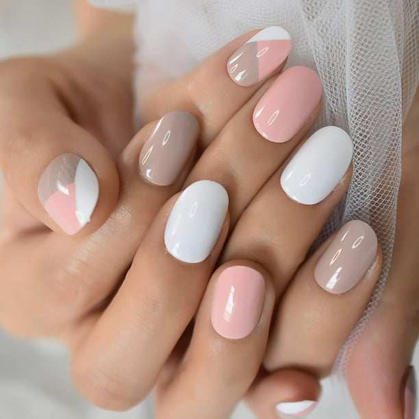 Prensa de Color desnudo Natural en las uñas, uñas postizas artificiales de mármol blanco, puntas de patrón corto brillante cuadrado con adhesivo adhesivo Tan Jianjun unisex